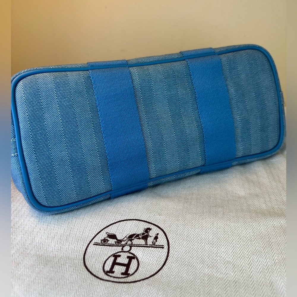 Hermes Valparaiso PM Bag Blue Chevron Canvas Blue Leather, Pouch, Dustbag COA - Picture 10 of 17